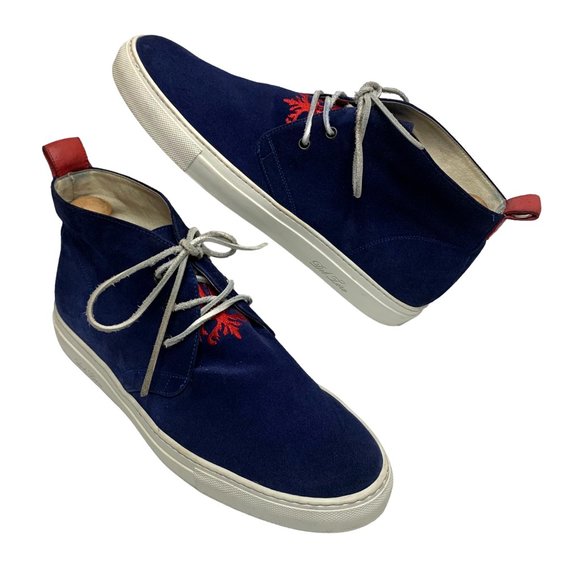 Del Toro Italian Navy Suede Red Embroidered Tongue Chukka Sneakers - Picture 10 of 12